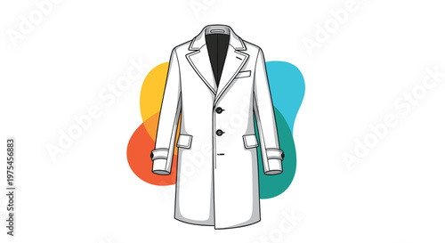 Elegant long white coat with buttons and pockets displayed against a vibrant abstract shape background for fashion.