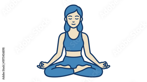 A woman practices yoga in a serene environment with blue outfit and calm expression.