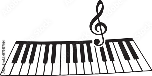 Piano keyboard, musical instrument, treble clef, black and white vector illustration, music symbol