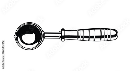 Sturdy metal ice cream scoop with a comfortable ribbed handle shown in a high-contrast black and white illustration.