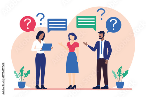 Diverse team discussing ideas with speech bubbles and questioning visuals