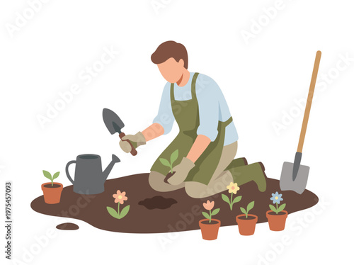 Gardener planting flowers in soil with watering can and shovel.