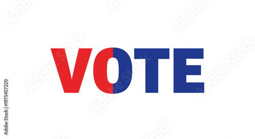 Bold 'VOTE' word in blue and red text on a clean white background upright design