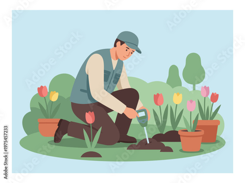 Gardener planting tulips in a spring garden.