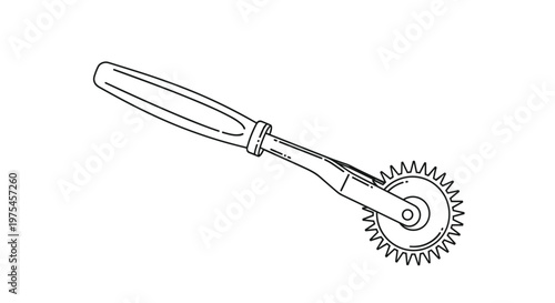 Sewing tracing wheel tool with a spiked wheel and handle used for marking patterns in a line art illustration.