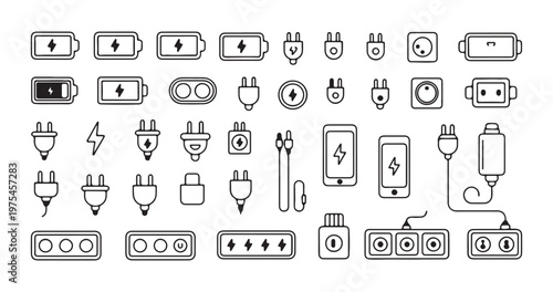 Set of battery charger icons, power plug, smartphone charging, and electricity lightning symbols.