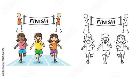 Kids running race to finish line, colorful vector illustration and black and white coloring book page outline for children