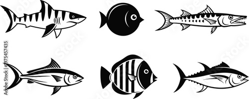 Fish silhouette icon set with shark tuna barracuda and tropical species marine animal black vector illustration collection isolated on white background