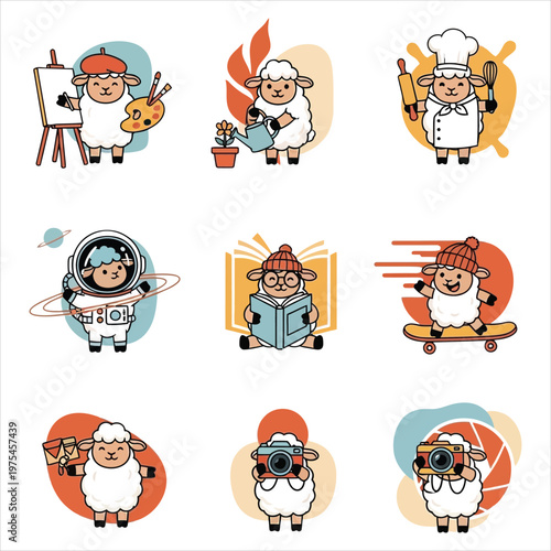 Cute cartoon lamb characters engaged in various hobbies and professions as a vibrant vector sticker set for children educational design projects