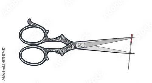 Ornate pair of vintage-style embroidery scissors with a silver needle shown in a detailed and artistic illustration.