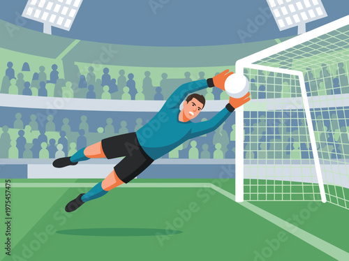 Goalkeeper Diving to Save a Soccer Ball in a Stadium.