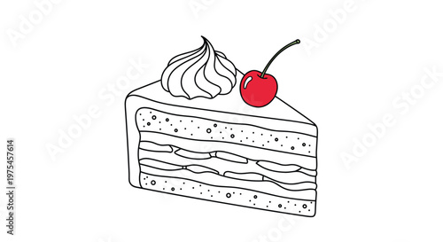 Delicious slice of layered cream sponge cake topped with a dollop of whipped cream and a single red cherry for dessert menu and bakery design.