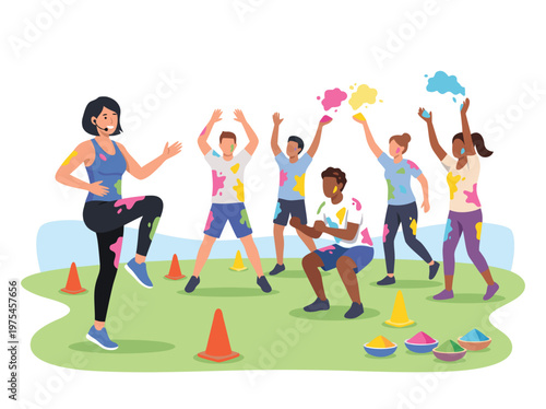 Group participating in a colorful holi festival fitness class outdoors.