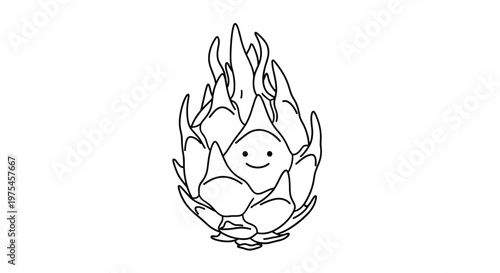 Playful black and white line art drawing of a tropical dragon fruit character with a simple smiling face and leaf like scales isolated on white.