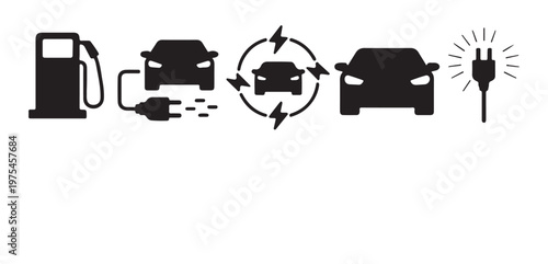 Electric car charging station vector icon set with different charging symbols and gas pump.