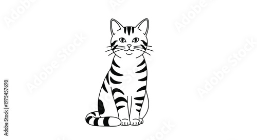 Graceful domestic tabby cat sitting patiently and looking forward in a clean black and white line art illustration for pet themes.