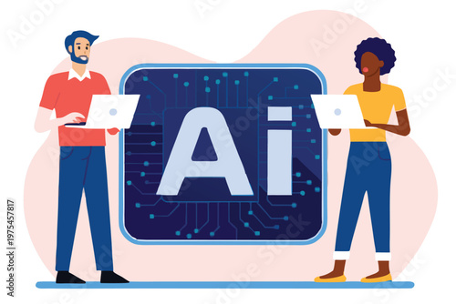 Two people collaborating with artificial intelligence technology displayed on screens