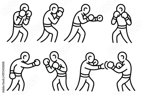 Set of hand drawn line art boxing fighters with gloves in various fighting poses, expressive outline drawings showing punches