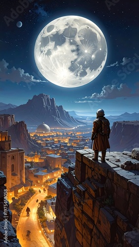 A lone figure stands on a cliff overlooking a lit city under a large moon