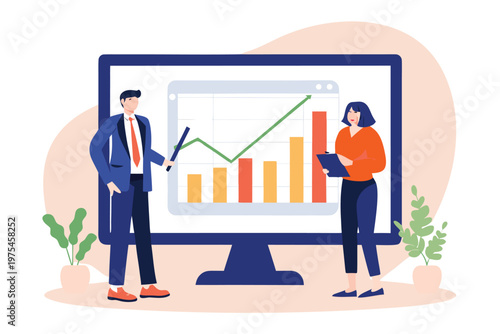 Business professionals analyzing data presented on a large computer screen