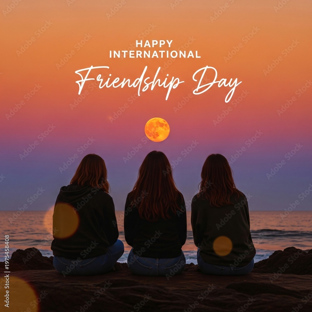 Fototapeta premium Three friends celebrating international friendship day, watching the full moon and sunset over the ocean