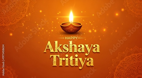 Happy Akshaya Tritiya Golden Text Effect with Diya on Ornate Brown Background