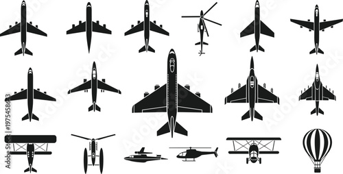 Aircraft icons set, airplane helicopter jet silhouettes, aviation transport collection, flying vehicles symbols, travel transportation vector illustration design pack