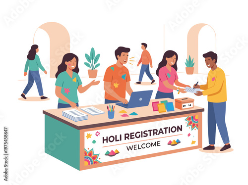 Holi Registration Welcome Desk with People.