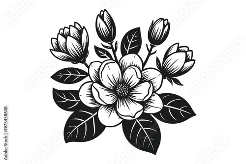 Black and white floral arrangement with buds and leaves flowers