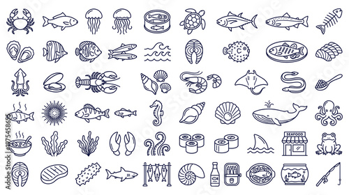 Seafood and fish ingredients set delicious ocean life illustration vector.