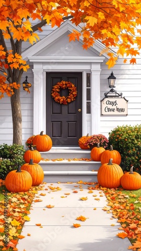 Cozy home entrance decorated with pumpkins and autumn leaves