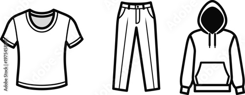 Clothing icons set, t-shirt pants hoodie apparel templates, casual fashion garments collection, wardrobe essentials vector illustration design