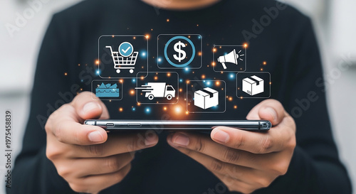 Digital Commerce at Hand: A modern illustration showcasing a person's hands holding a phone, overlaid with digital icons representing online shopping, transactions, and e-commerce concepts.