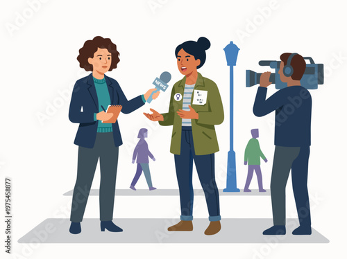 Journalist interviewing a woman on the street with a cameraman filming.