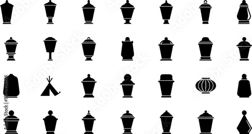 Decorative urn and lantern icons set, vintage containers silhouettes, classic ornamental objects collection, interior decor symbols, black vector illustration