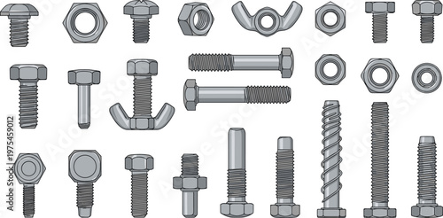Industrial hardware set illustration, bolts nuts screws washers wing nut fasteners, mechanical engineering tools, construction equipment vector design collection