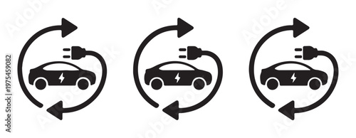 Set of three electric vehicle charging icons showing side view of car with lightning bolt symbol.