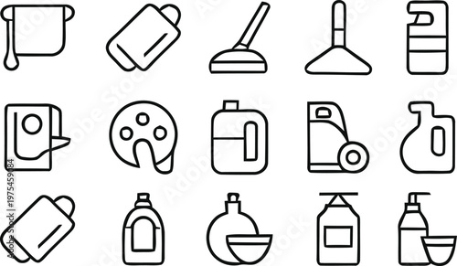 Line art icons of various cleaning supplies and tools on white background