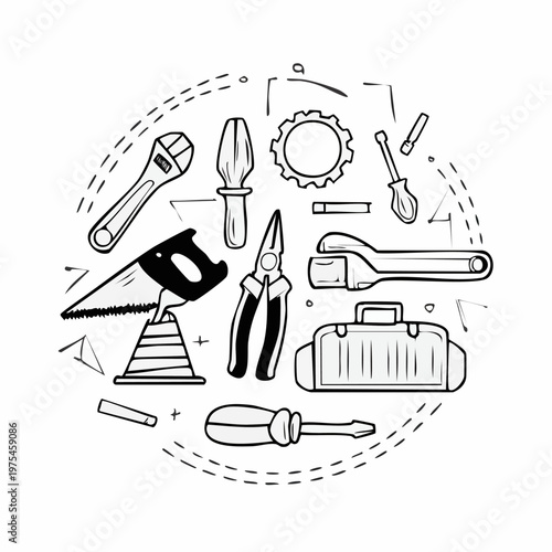 Collection of Hand-Drawn Construction Tools and Equipment.