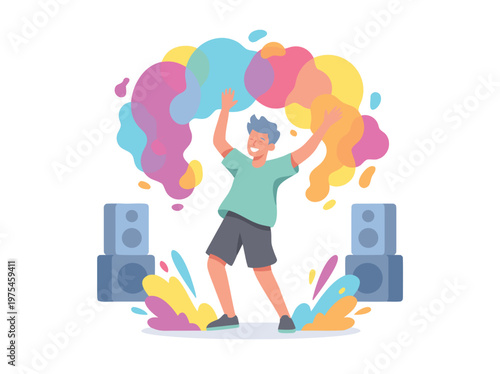 Man dancing with colorful powder clouds and speakers.