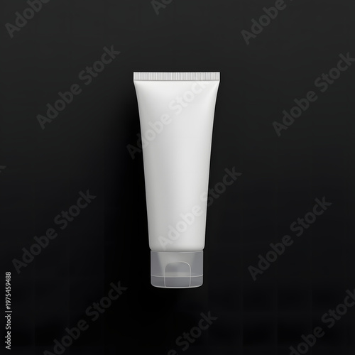 Blank white plastic cosmetic tube mockup for skincare and beauty product branding. Minimalist, unbranded packaging design for lotions, creams, or gels. Clean, isolated object on dark background