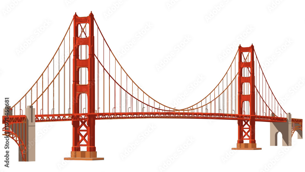 Fototapeta premium Model of the Golden Gate Bridge made of red metal on a white background with suspension cables and towers.