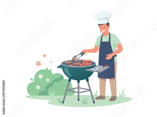 Man Grilling Food Outdoors on a Barbecue.
