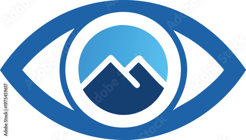 An eye icon contains a mountain landscape within its pupil