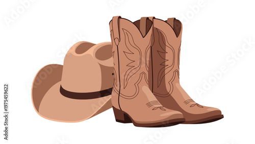 Illustration of a cowboy hat and boots on a white background, showcasing western wear accessories.