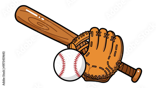 Illustration of a baseball glove holding a ball with a bat on a white background.