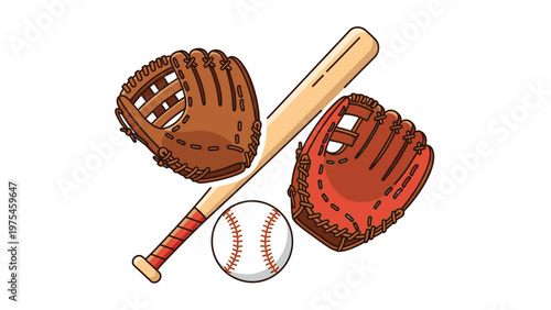Flat lay of a baseball bat, ball, and two baseball gloves on a white background, with a graphic illustration style.