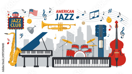 Flat lay illustration of various jazz instruments and cityscape with musical notes on white background.