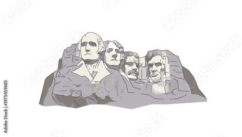 Illustration of Mount Rushmore featuring four US presidents in a monochromatic color scheme against a white background.