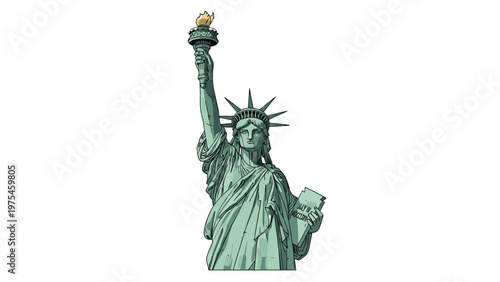 Close-up view of the Statue of Liberty with a torch held high against a clean white background.
